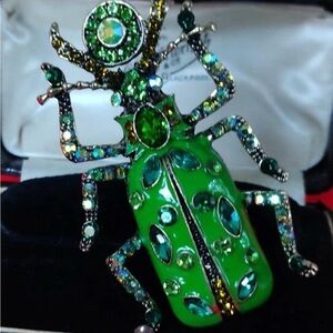 Green Jeweled Beetle Brooch Metal Base
